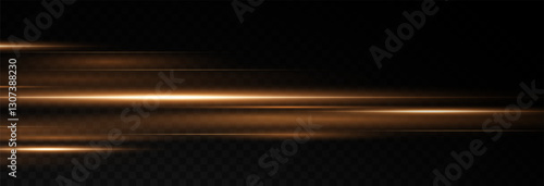 Vector illustration of gold color, abstract laser speed lines. Glare, horizontal light rays png. Glowing linear background.