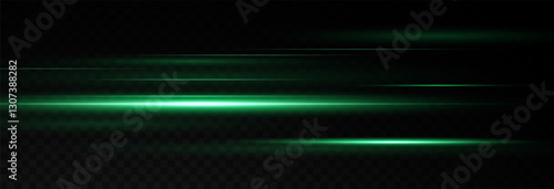 Vector illustration of green color, abstract laser speed lines. Glare, horizontal light rays png. Glowing linear background.