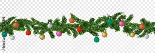  Christmas garland on a transparent background. Vector frame for banners, posters, cards. Christmas realistic winter theme, vector, png.