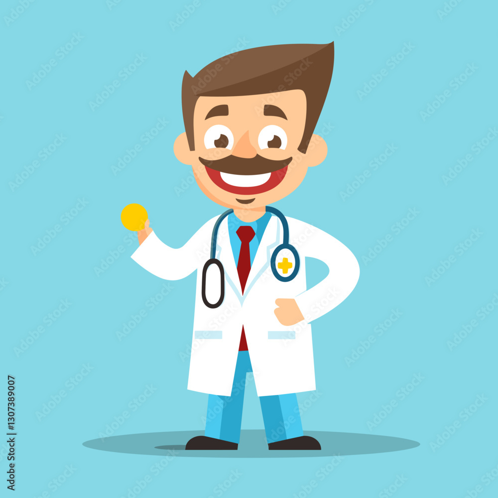 Cheerful cartoon doctor holding a pill on a blue background Cheerful cartoon doctor holding a pill on a blue background