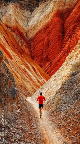 Trail runner in a stunning, colorful canyon. The vibrant layers of rock create a dramatic backdrop for an athletic outdoor adventure.