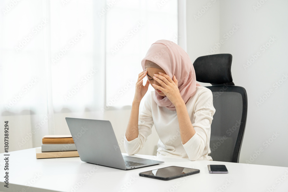 Stressed asian muslim business woman working in the office hands on head feeling headache. Tired islamic muslim woman looking at laptop working hard sitting in the room office. Overtime concept Stressed asian muslim business woman working in the office hands on head feeling headache. Tired islamic muslim woman looking at laptop working hard sitting in the room office. Overtime concept