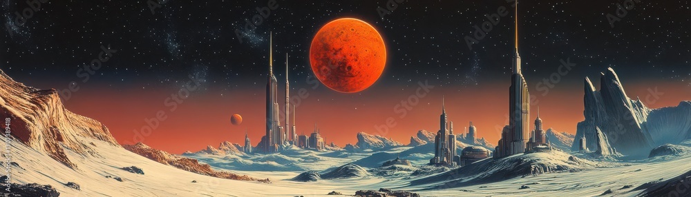 Naklejka premium Design vintage poster, Art Deco fonts, Mars colony theme