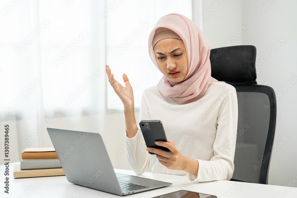 Stressed asian muslim business woman holding smartphone. Islamic woman looking at cellphone screen feeling stressed while working on laptop Stressed asian muslim business woman holding smartphone. Islamic woman looking at cellphone screen feeling stressed while working on laptop