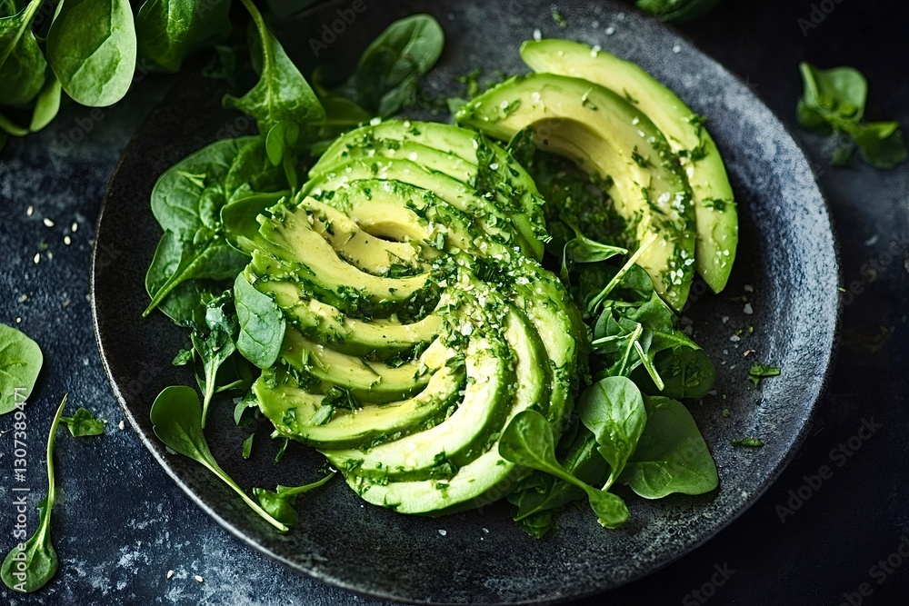 Obraz premium Sliced avocado with baby spinach, salt and herbs on dark plate