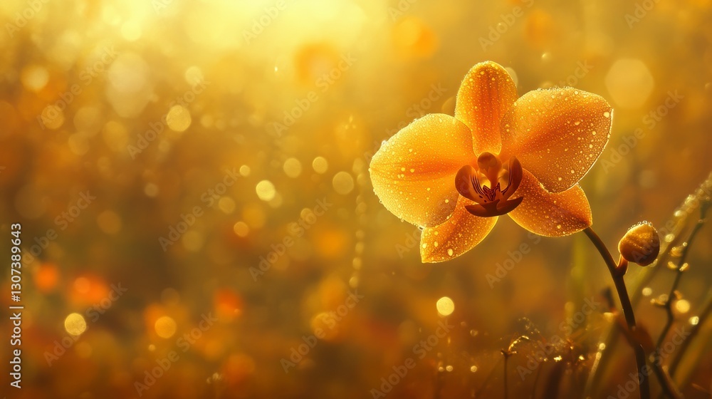 Golden orchid in sunlight. Beautiful flower. Background bokeh. Botanical still life. Stock photo for nature or gardening Golden orchid in sunlight. Beautiful flower. Background bokeh. Botanical still life. Stock photo for nature or gardening