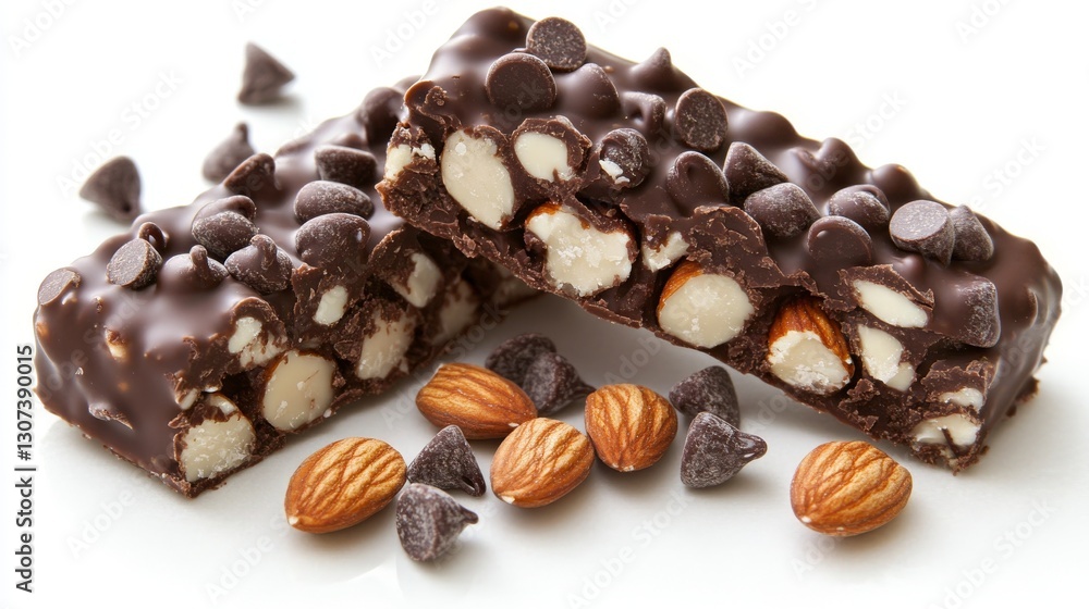 A couple of almond granola bars, isolated on a white background. A healthy snack featured in a food photograph A couple of almond granola bars, isolated on a white background. A healthy snack featured in a food photograph