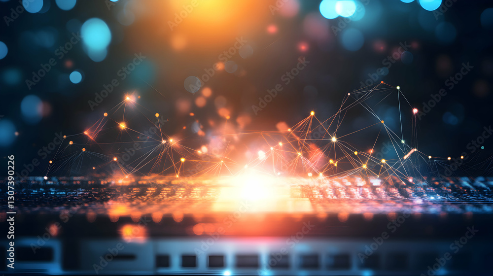 Fototapeta premium Networking Technology with Abstract Connection Points, Data Transmission on Computer Keyboard, Futuristic Communication Background