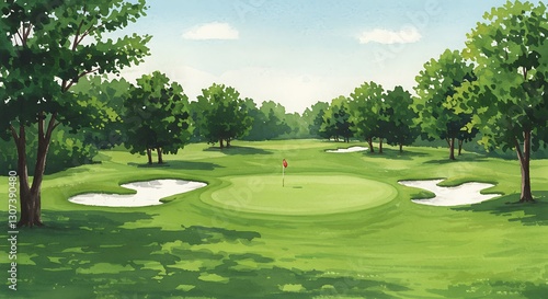 Golf course landscape, lush green fairway, sand bunkers, mature trees, rolling hills, clear blue sky, serene atmosphere, manicured grass, summer day, golf hole view, panoramic scene, 