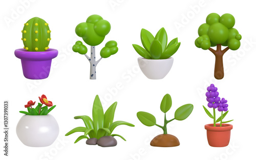 3d grow render. Succulent home art, children tropical interior mockup for growth game, recycle or gardening. Cactus in pot. Isolated glossy elements. Decorative greenery. Vector isolated set