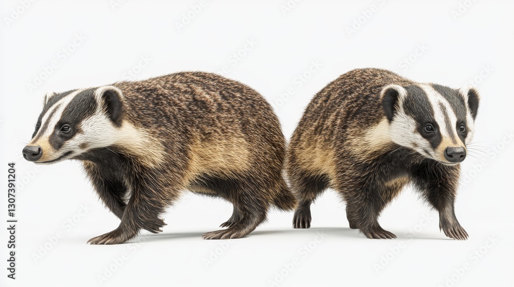 Fototapeta premium Two adorable baby badgers snuggling against a white backdrop, showcasing wildlife