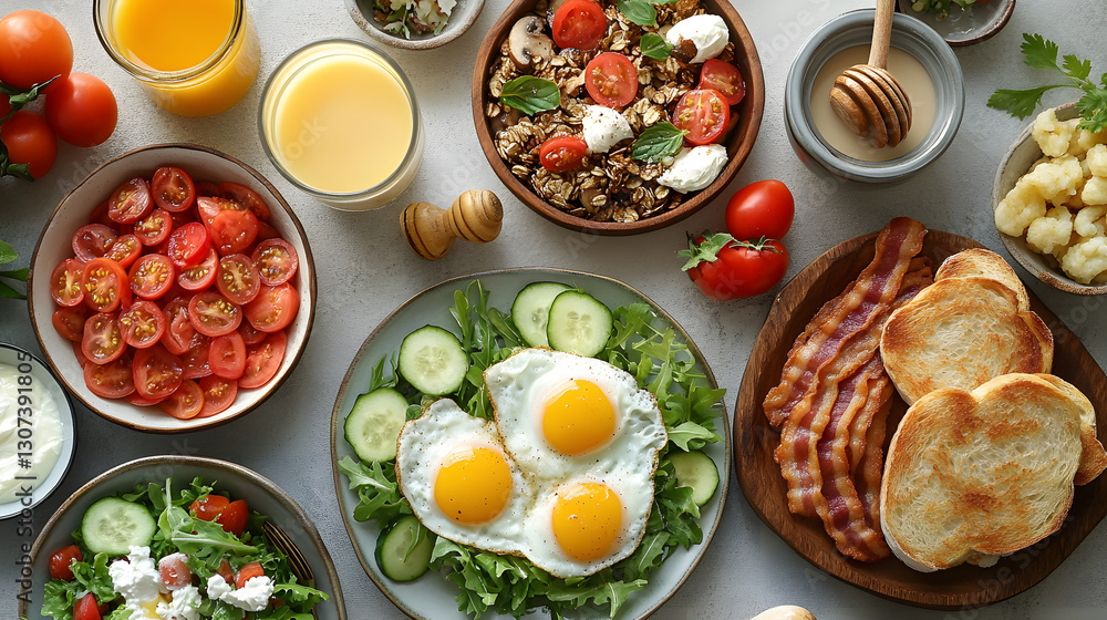 A vibrant breakfast spread featuring sunny-side-up eggs on arugula, crispy bacon, toast, fresh tomatoes, cucumbers, and granola with yogurt A vibrant breakfast spread featuring sunny-side-up eggs on arugula, crispy bacon, toast, fresh tomatoes, cucumbers, and granola with yogurt