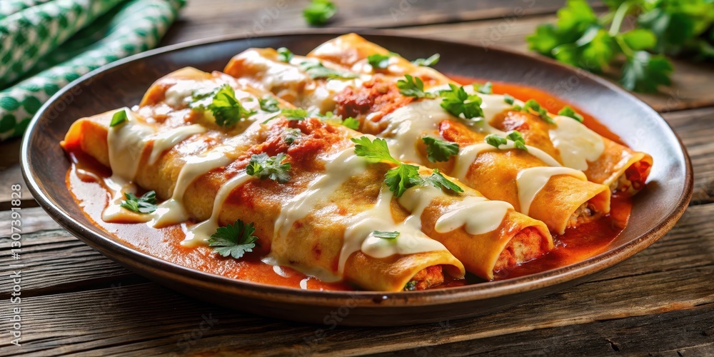 A steaming plate of enchiladas suizas in a creamy tomato sauce with melted cheese and fresh cilantro on top, enchilada sauce, delicious meal A steaming plate of enchiladas suizas in a creamy tomato sauce with melted cheese and fresh cilantro on top, enchilada sauce, delicious meal