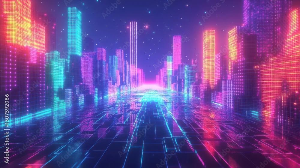 Immersive neon glitchscape, distortions in pixel art Immersive neon glitchscape, distortions in pixel art
