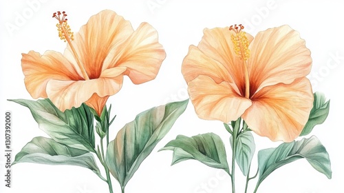 Wallpaper Mural A botanical illustration featuring two peach-colored hibiscus flowers with green leaves set against a white background, perfect for home decor Torontodigital.ca