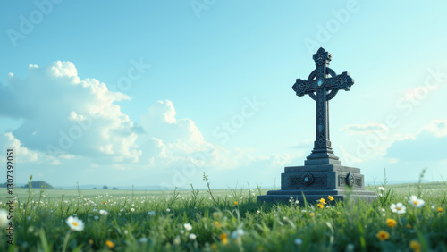 Christian cross in a grassy field under a blue sky with clouds.
