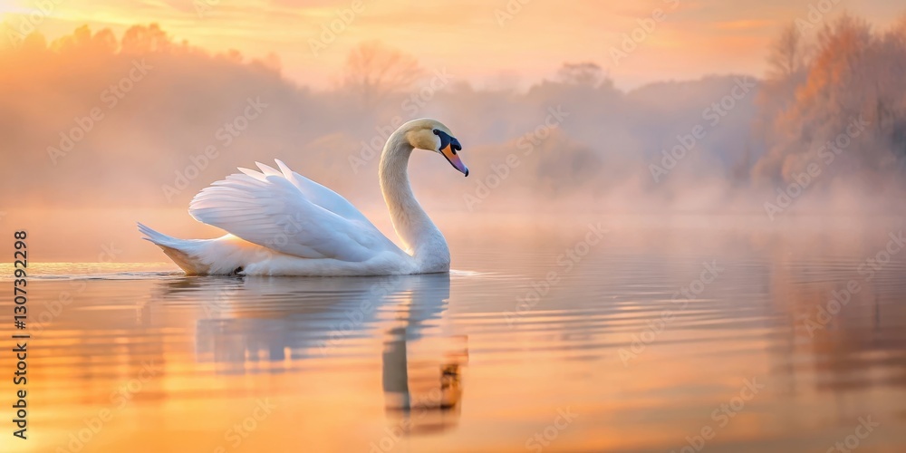 Fototapeta premium White Art Swan floating peacefully on a serene lake surface at dawn surrounded by soft hues of pink and orange warm light reflecting gently ripples, gentle ripples, art swan lake sunrise
