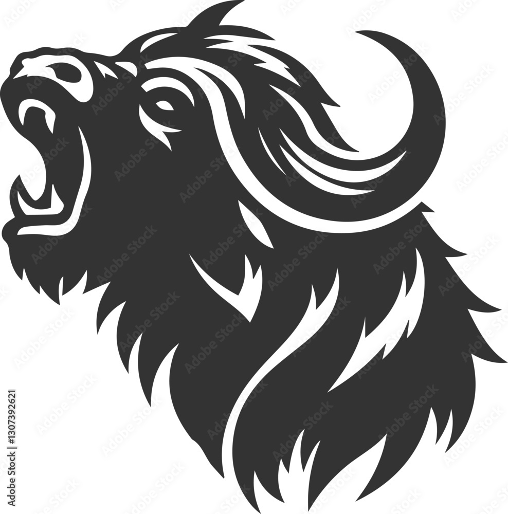 Fototapeta premium Buffalo with mouth open and roaring in rage animal vector silhouette