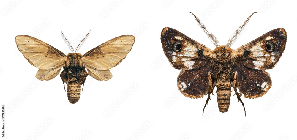Fototapeta premium A top view of the hummingbird hawk-moth, or Macroglossum stellatarum, is presented in isolation against a white backdrop