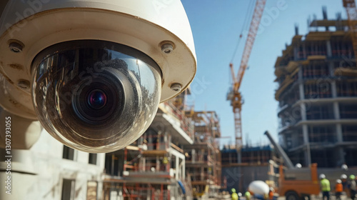 Security camera captures ongoing construction work at a busy urban site with workers and machinery operating under clear blue skies