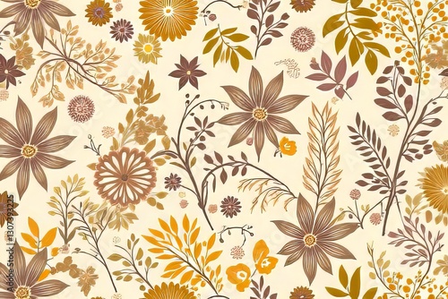Wallpaper Mural Autumn Floral Pattern Design, Beige Background with Orange and Brown Flowers and Leaves Torontodigital.ca
