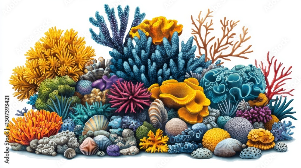 Fototapeta premium Lively coral reef drawing featuring ocean rocks, an underwater setting, marine creatures, and a natural backdrop