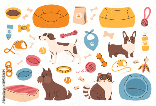 Set of toys for pets. Products for dog and cat care. Flat vector illustration.