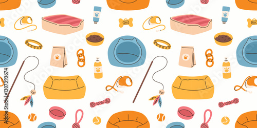 Seamless pattern with pet toys. Dog and cat care products. Flat vector illustration.