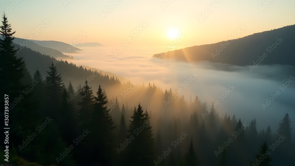Misty Forest at Sunrise – Serene Mountain Landscape with Golden Sun Rays Misty Forest at Sunrise – Serene Mountain Landscape with Golden Sun Rays