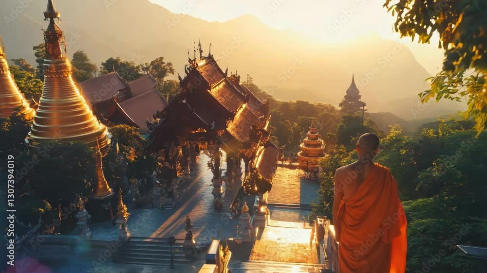 A monk descends a stone staircase in a serene Buddhist temple, bathed in the warm glow of the setting sun, with golden pagodas and lush greenery surrounding the peaceful landscape.