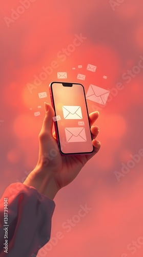 Woman hand holding smartphone and check email online on the application web have envelope icons floating on the mobile screen. notification newsletter  received or sending email marketing concep