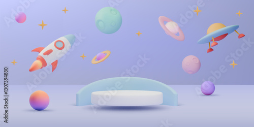 3D toy podium. Blue product space render. Pastel display or science stage. Presentation stand. UFO pedestal area. Childish studio. Galaxy planet. Spaceship rocket. Vector background