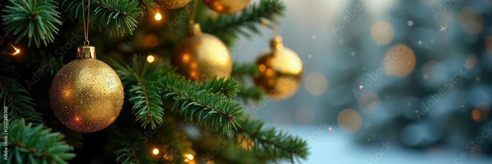 Fototapeta premium Sparkling golden ornaments adorn Christmas tree branches amidst lush greenery, ornaments, winter wonderland, sparkly balls