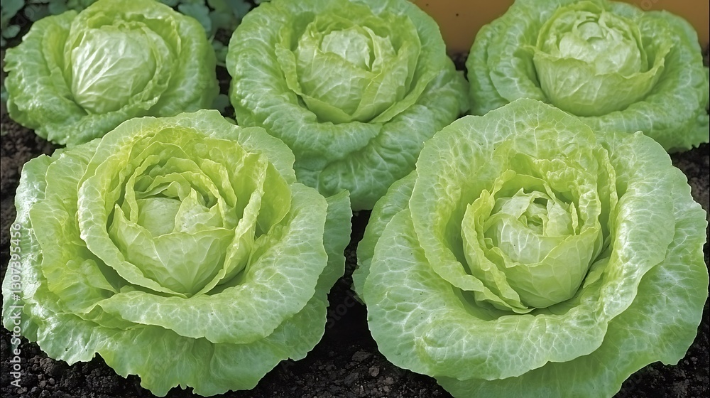 Fototapeta premium Fresh green lettuce heads growing in a garden bed outdoors