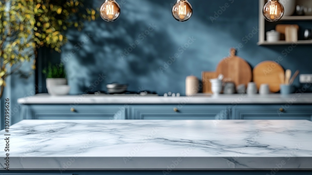 Obraz premium In a contemporary kitchen design, the sleek marble island stands as a centerpiece, surrounded by tasteful decor, illuminated by warm pendant lights, creating a cozy atmosphere for culinary creativity