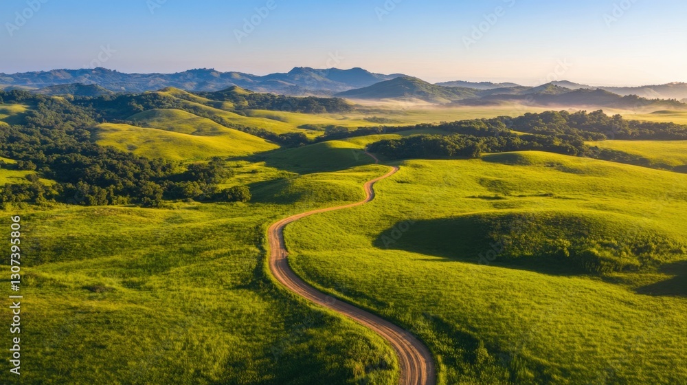 Fototapeta premium Aerial view of a rural dirt road cutting through patchwork farmland, vibrant green and yellow fields under clear blue skies
