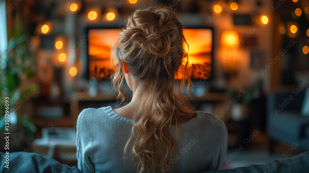 A woman sits on a couch watching a webinar on her laptop in a cozy, book-filled home setting A woman sits on a couch watching a webinar on her laptop in a cozy, book-filled home setting