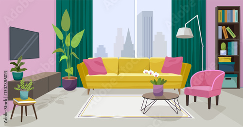 Cute living room. Decorative home interior. Soft sofa. Floor carpet. Window curtain. Table and chairs inside cozy house. Indoor plants. Lamp and television. Vector comfortable furnishing