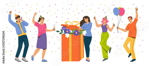 Birthday people. Happy anniversary gift with balloon, confetti. Holiday surprise, woman and man with huge present, team celebration. Vector characters cartoon flat isolated illustration set