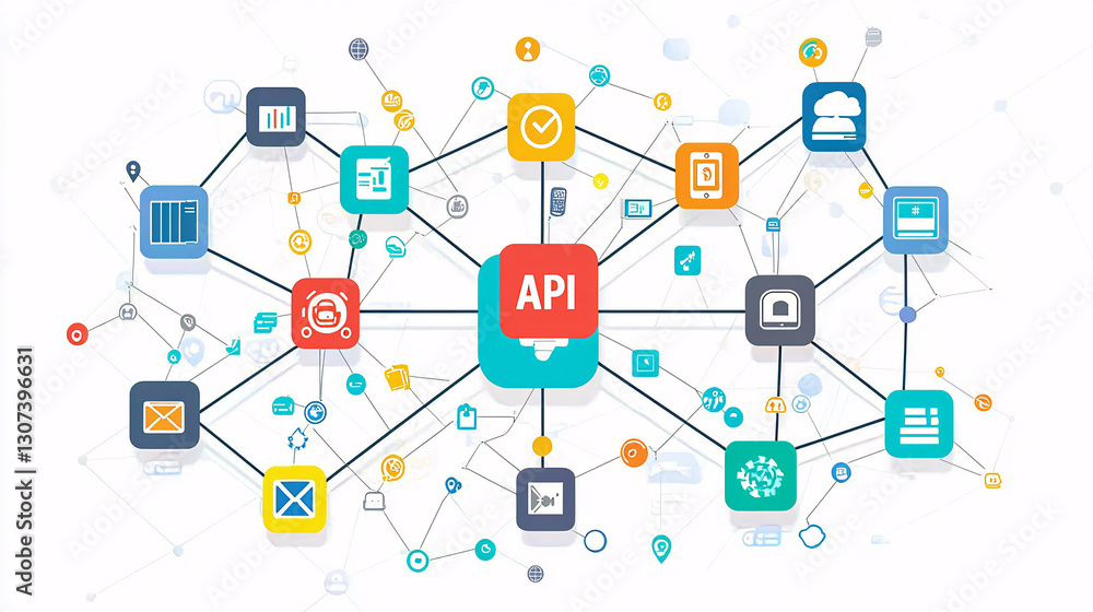 of API marketplace with icons symbolizing various apps and services, each connected by lines in a network design. of API marketplace with icons symbolizing various apps and services, each connected by lines in a network design.