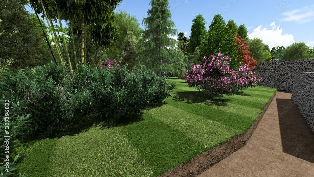 Obraz premium 3d image of the landscape design of the home territory. Landscaping of the territory. Computer visualization of composite landscaping and landscaping solutions.