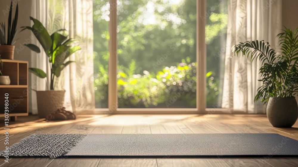 A well lit room featuring plants and a yoga mat A well lit room featuring plants and a yoga mat
