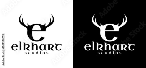 Vector letter E logo illustration design with deer antlers combination as additional accent elements.