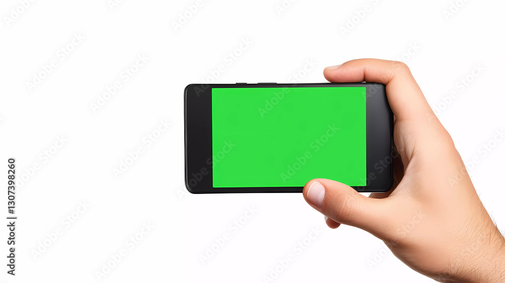 A hand holding a smartphone with a green screen display A hand holding a smartphone with a green screen display