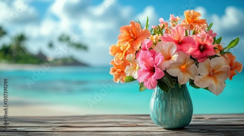 Wallpaper Mural Close-up of a tropical flower arrangement with vibrant colors, placed on a rustic wooden table with turquoise water in the background, soft natural lighting Torontodigital.ca
