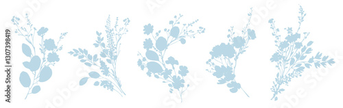 Vector silhouettes of bouquet of branches, herbs and leaves. Hand drawn flat vector botanical illustration, Flower bouquet silhouette, delicate wildflowers, meadow herbs