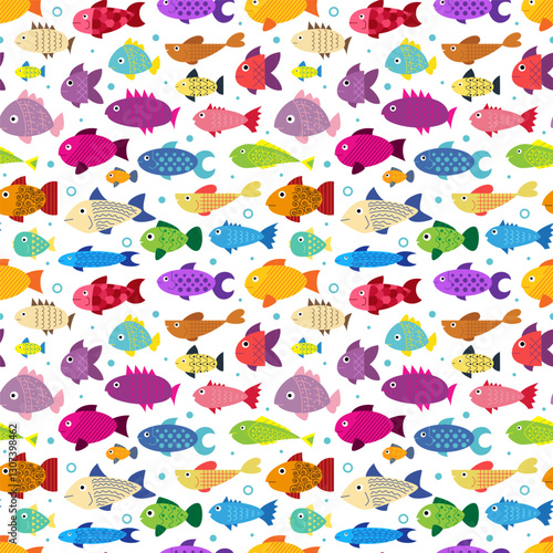 Doodle fish seamless pattern. Childish marine background. Underwater characters. Oceanarium fauna. Decor textile, wrapping paper, wallpaper. Print for fabric. Cartoon flat isolated illustration