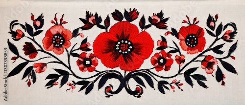 Vibrant Red Floral Embroidery Pattern with Intricate Designs and Detailed Stitching on Light Background for Textile and Home Decor Projects