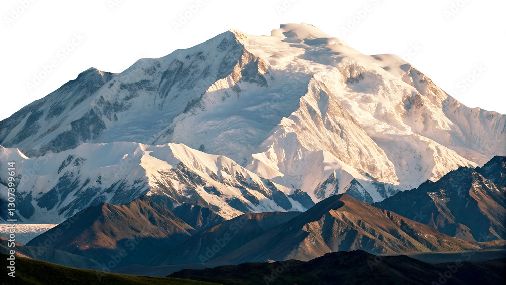 Obraz premium Majestic snow-covered mountain peak with rocky foreground on transparent background Denali mount North America, USA