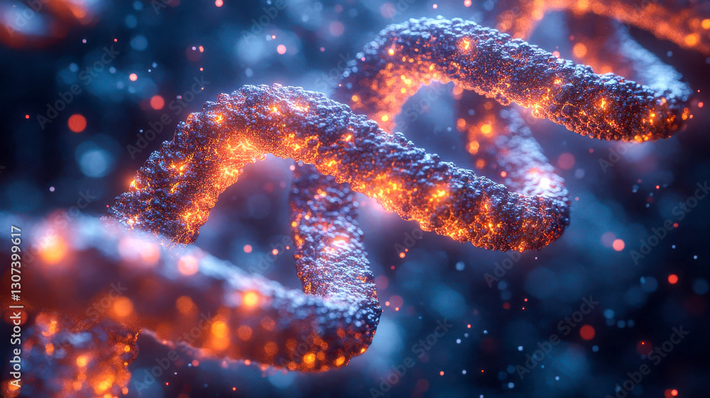 DNA strand composed of glowing particles, representing genetic research and biotechnology advancements DNA strand composed of glowing particles, representing genetic research and biotechnology advancements